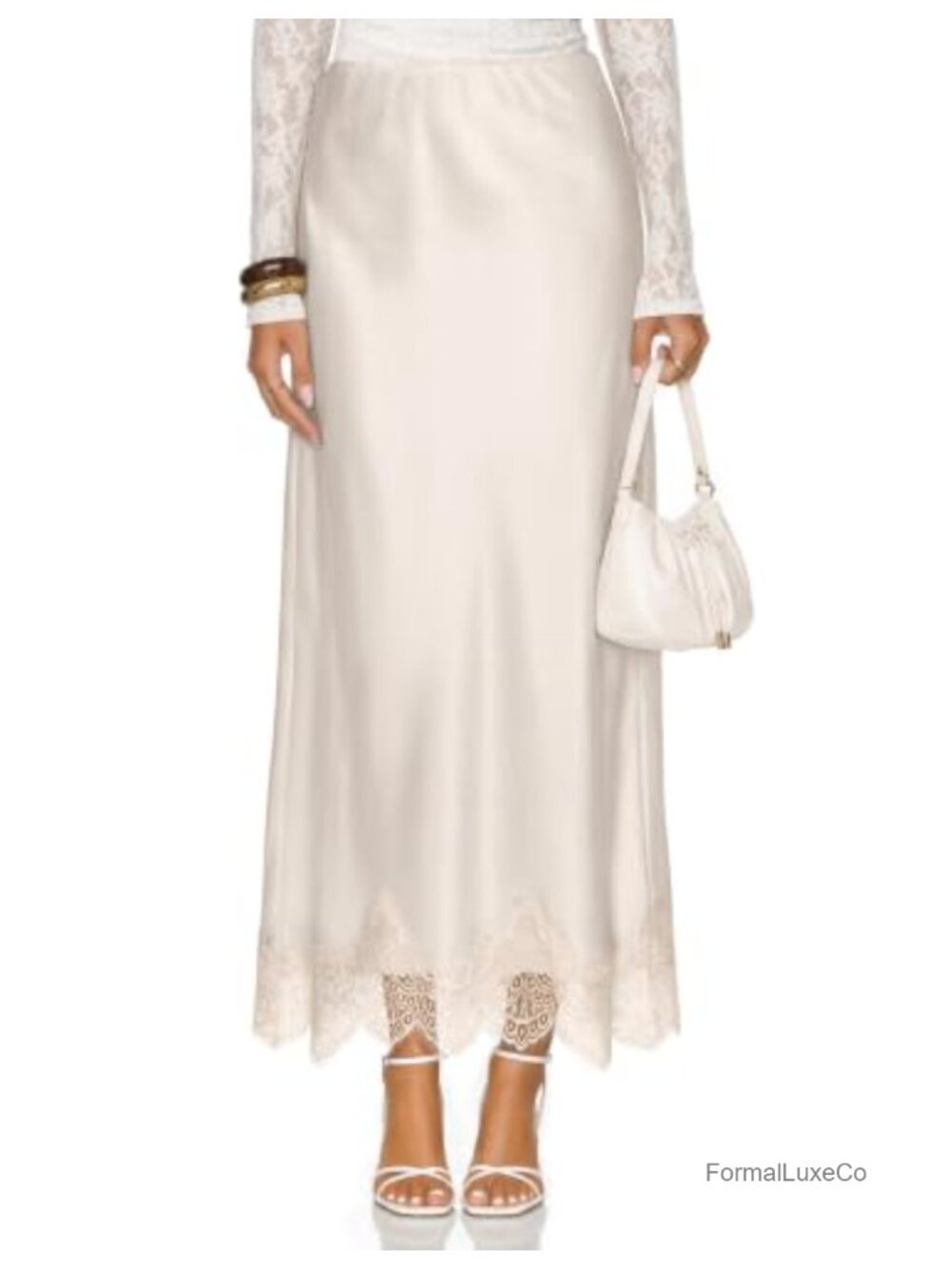 Satin Lace Trim Maxi Skirt High Waisted Flowy Long Skirt